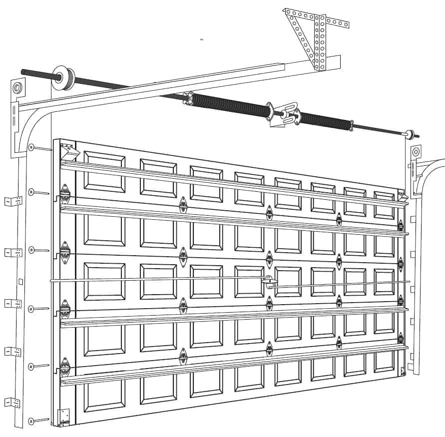 Residential garage door torsion spring system — double-wide raised panel interior view showing springs, shaft, drums, hinges, tracks, and hardware