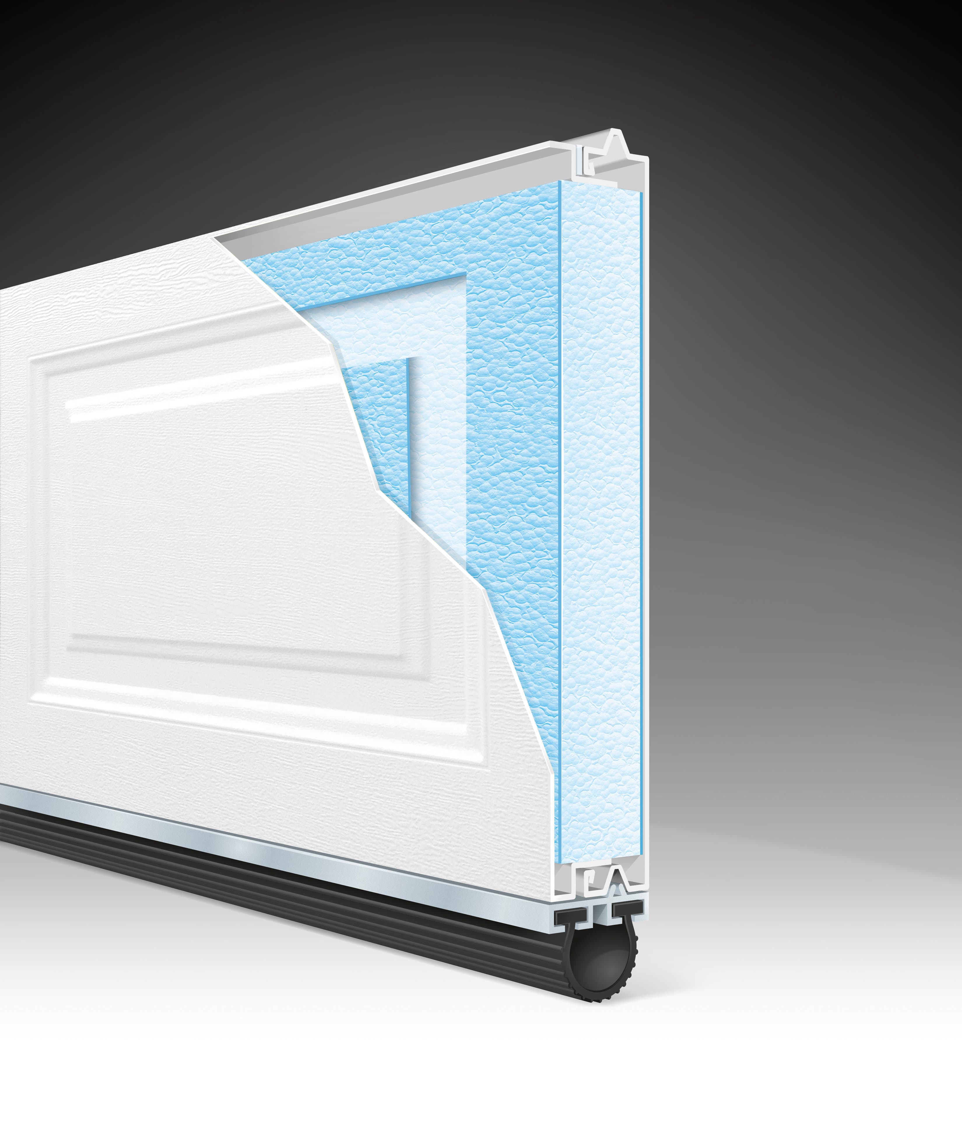 Premium 3-layer insulated garage door cutaway showing steel-polyurethane-steel construction